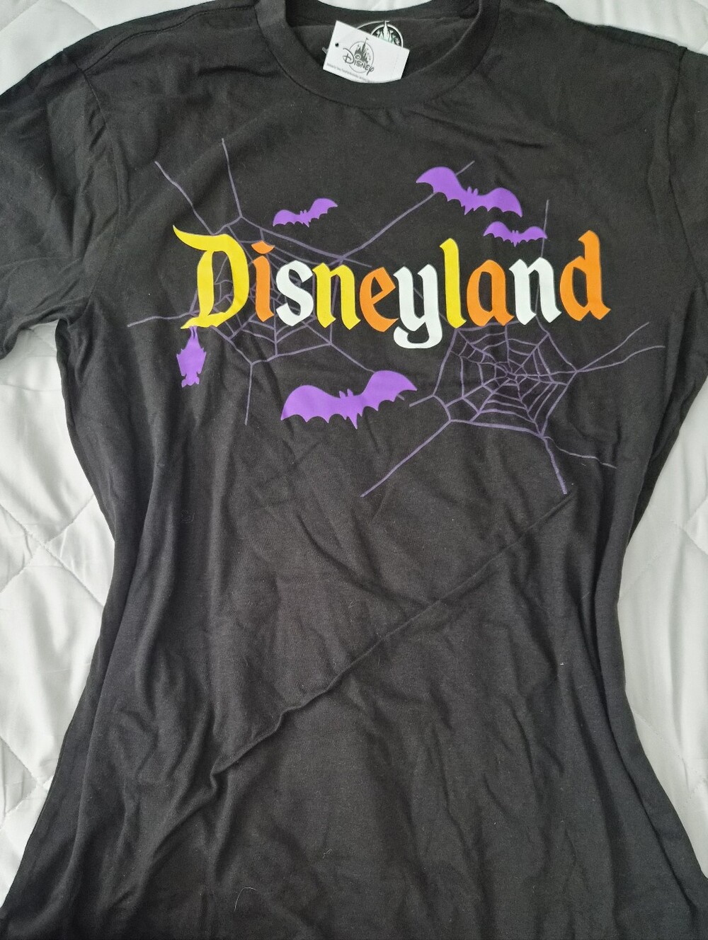 Disney Black Short Sleeve Tee with Yellow-Orange Disneyland Logo & Purple Bats